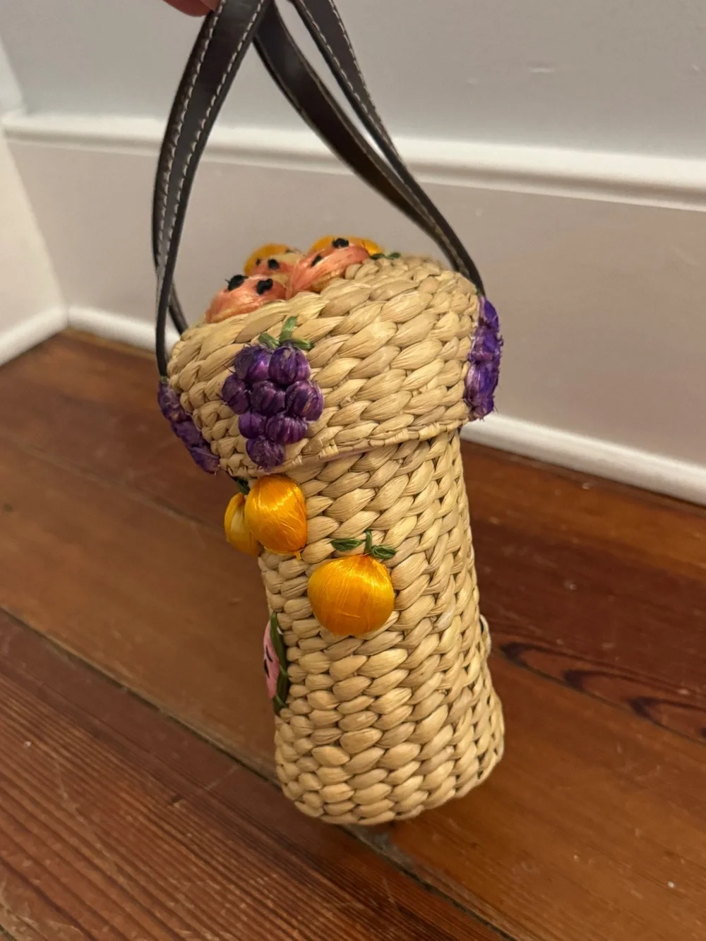 Rafe New York Vintage Straw Braided Basket Bag w/ Embroidered Fruit Square